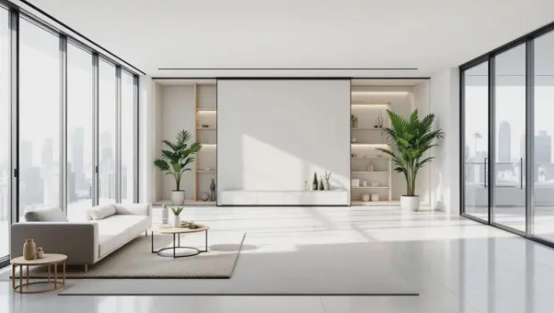 a Living room with large windows installed