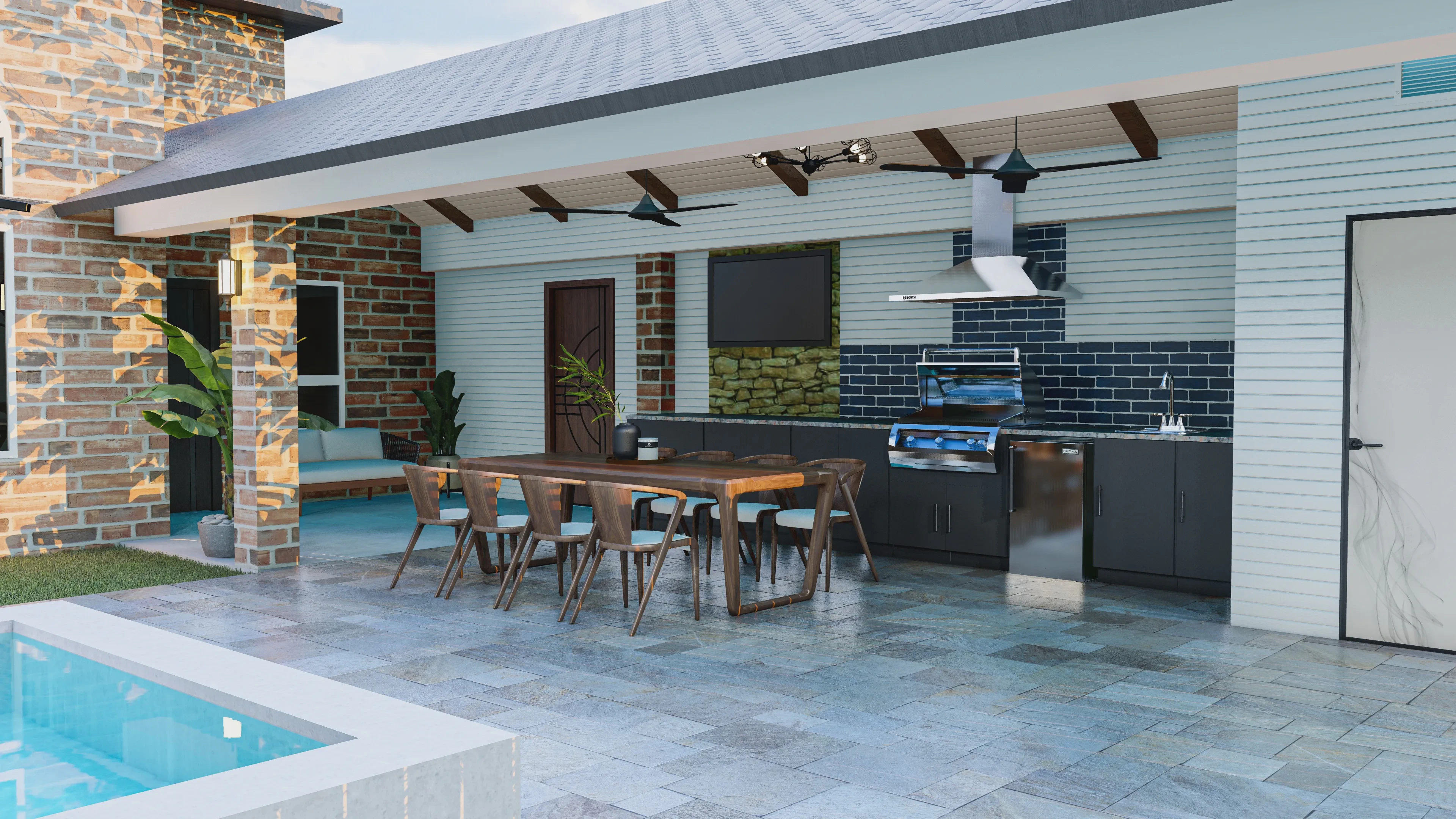 Luxury outdoor kitchen and dining area in a landed house designed by a renovation contractor in Singapore